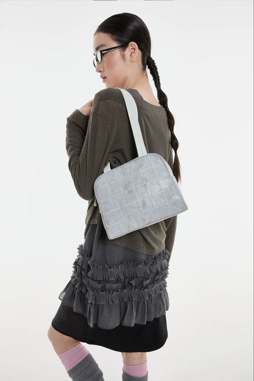 DIRTY SIX Gray Woven Fabric Zip-Top Shoulder Bag