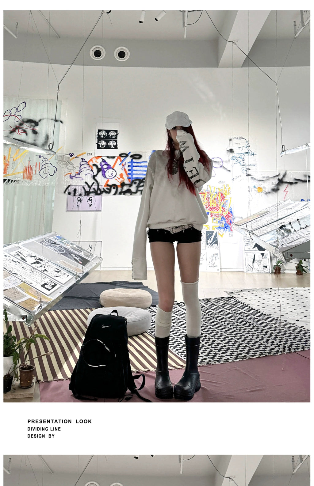 DETW 24AW spray dirty splicing breasted short wide boxy 350g round neck long sleeve pure cotton sweater