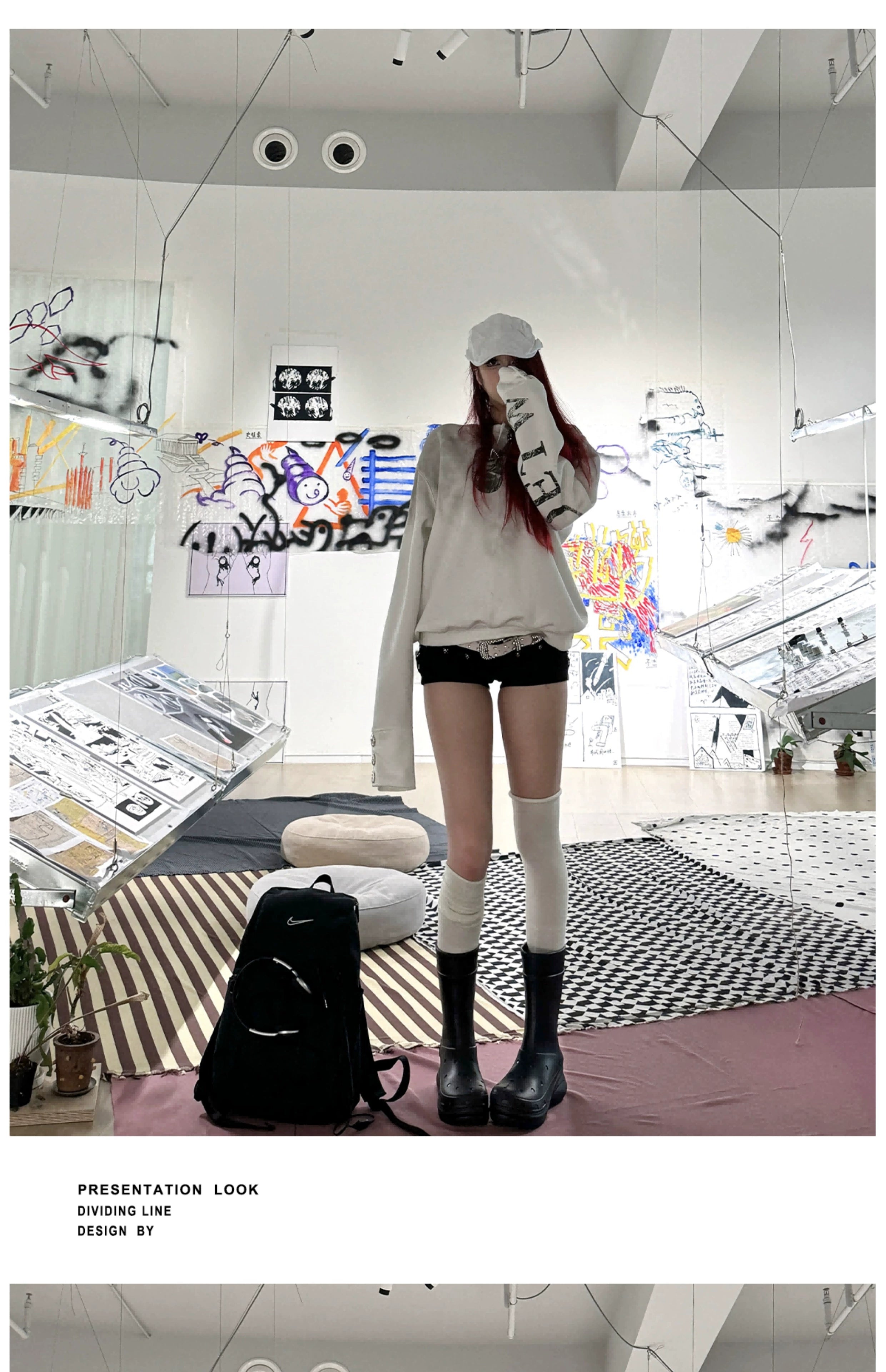 DETW 24AW spray dirty splicing breasted short wide boxy 350g round neck long sleeve pure cotton sweater