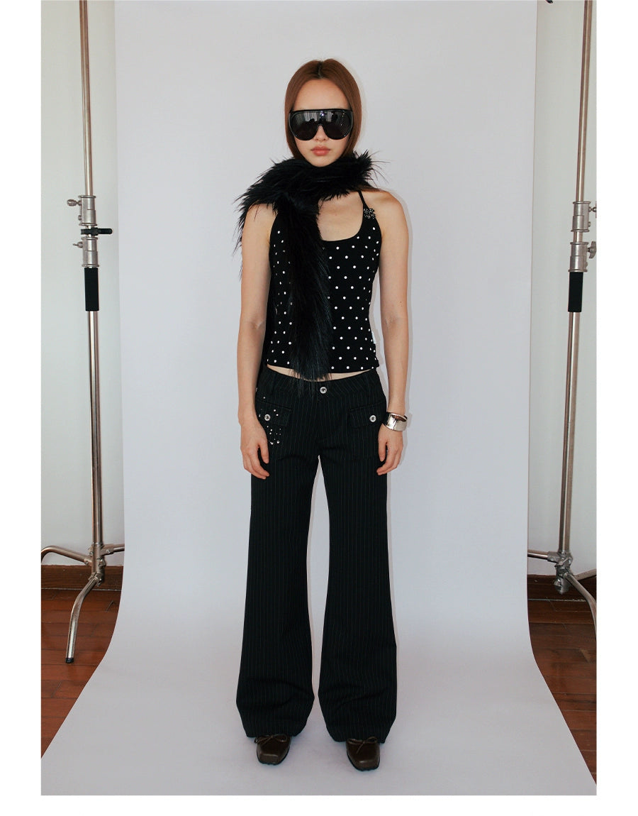 FUNKYFUN Medium and Low Waist Hot-drilled Pinstriped Flared Pants (Clearance)
