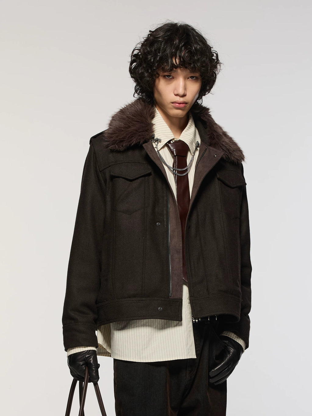 Azure Lisseur Vintage Fur Collar Fishbone Jacket