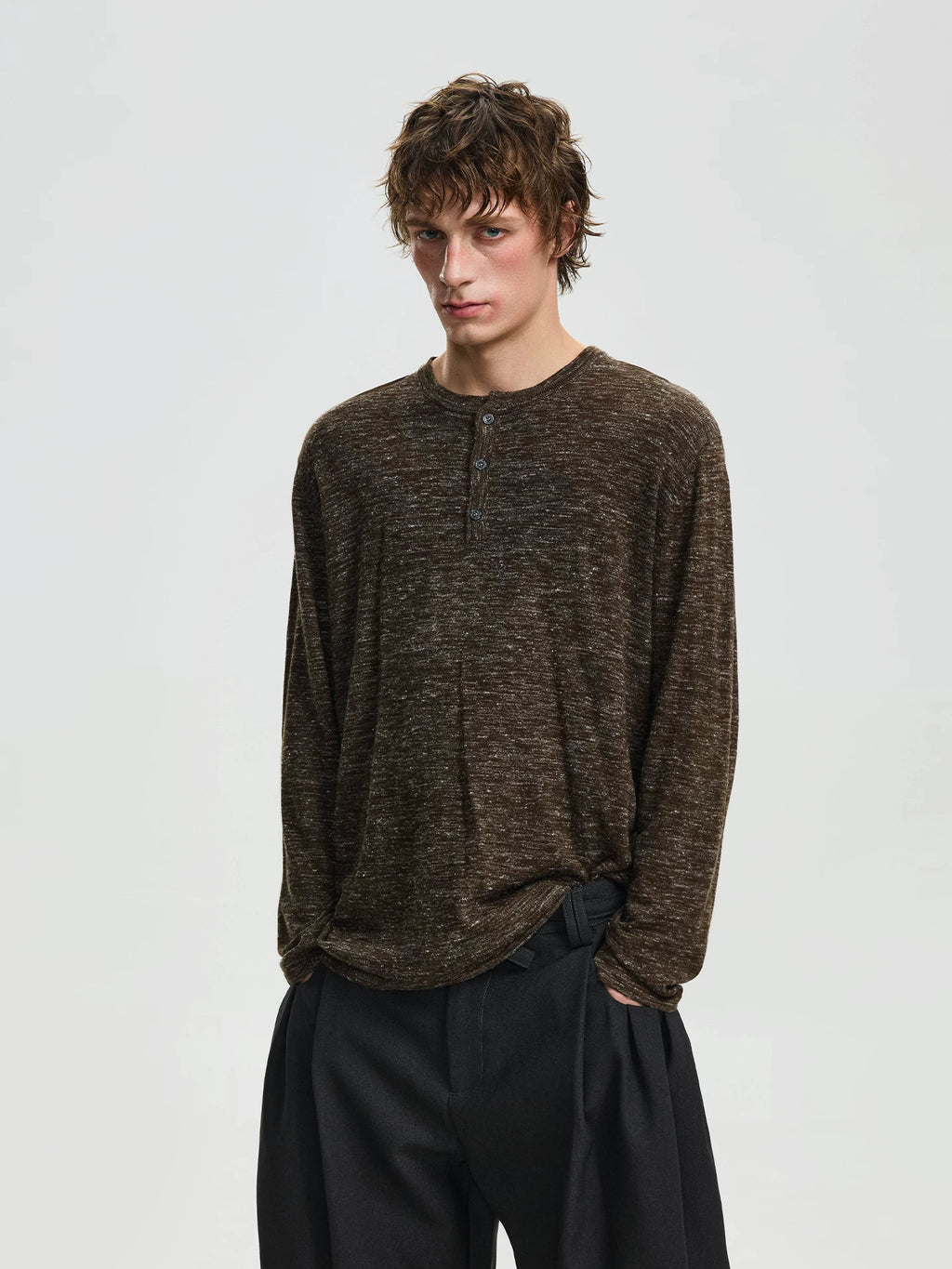BTSG retro linen blend texture Henry neck knitted long sleeve sweater