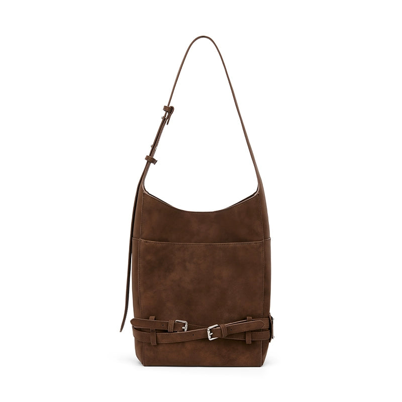 SmoSmos Retro Large Capacity Cowhide Shoulder Niche Bucket Bag