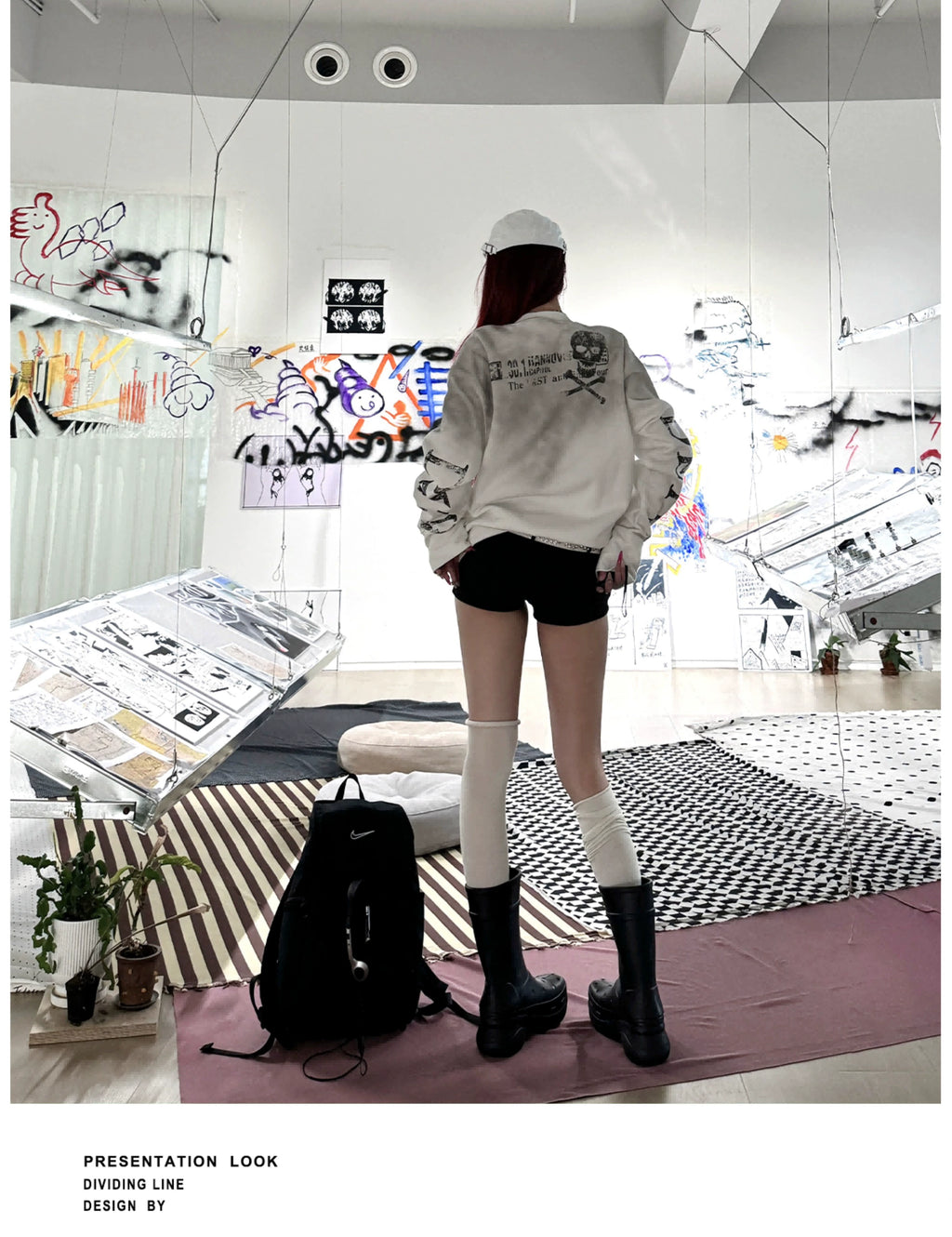 DETW 24AW spray dirty splicing breasted short wide boxy 350g round neck long sleeve pure cotton sweater