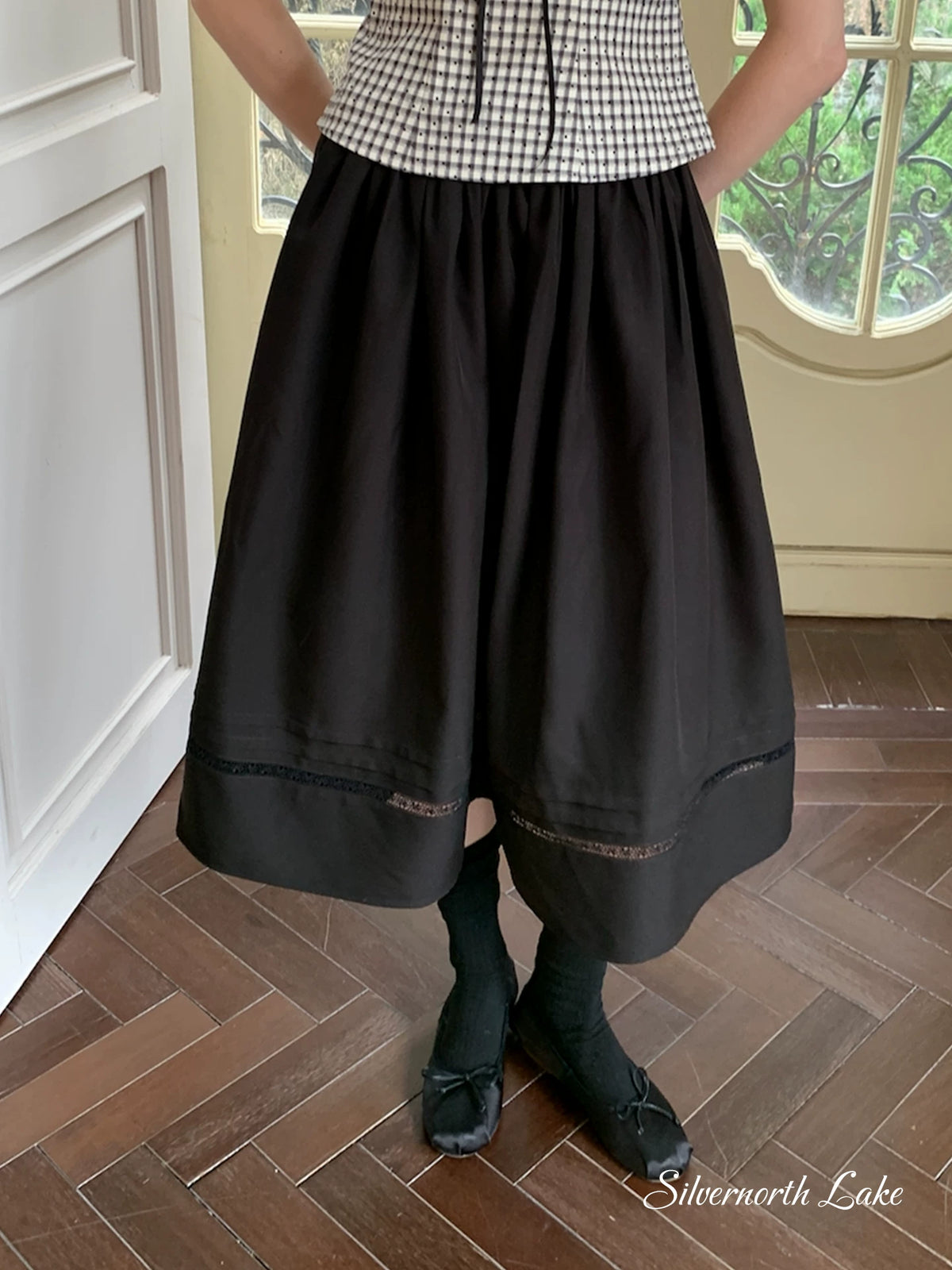 silvernorth lake French Lace High-Waist A-Line Midi Skirt