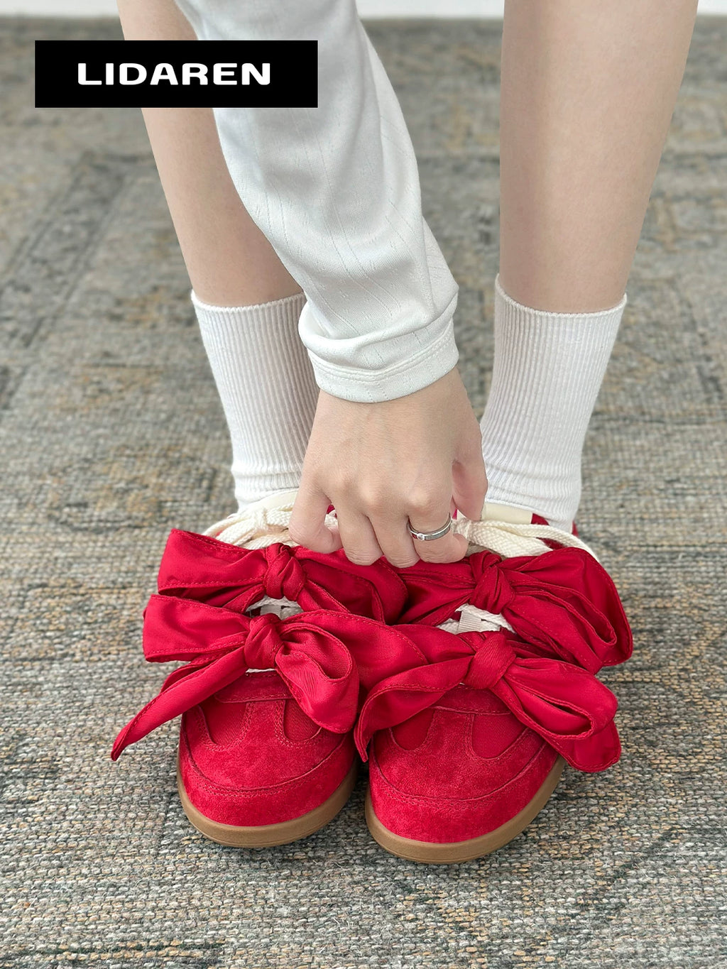 Lidaren Produced Suede Bow-Embellished Lace-Up Flat Sneaker