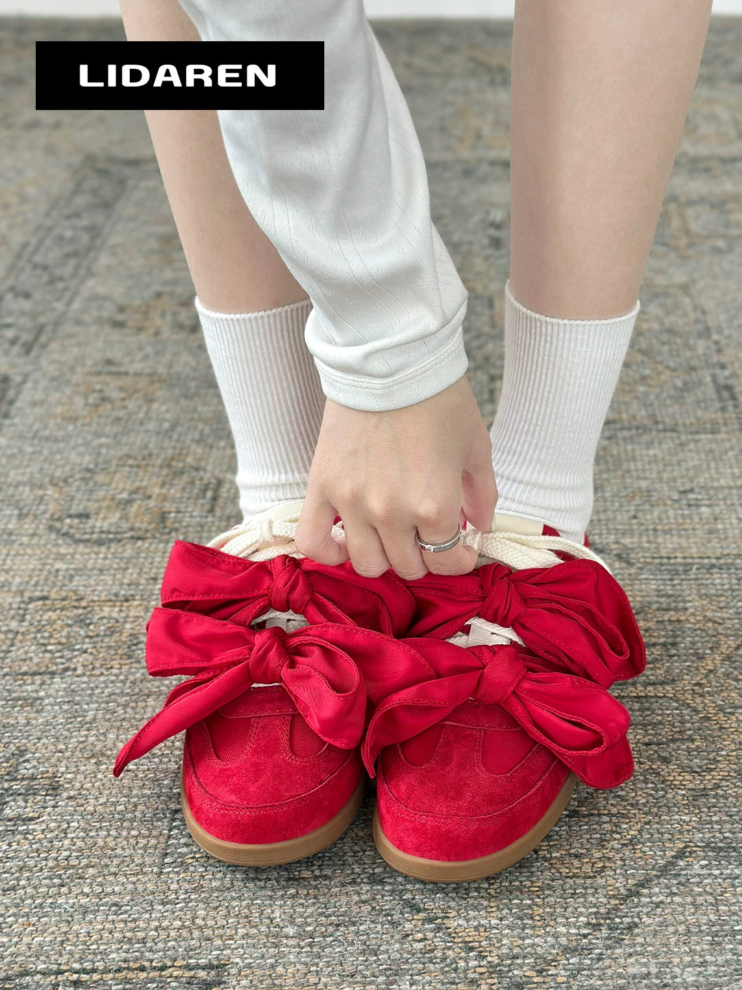 Lidaren Produced Suede Bow-Embellished Lace-Up Flat Sneaker