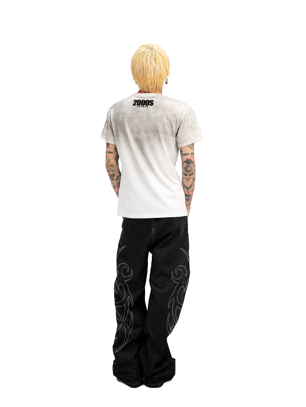 DETW 25ss * "2000S" washing destruction slogan front shoulder slim short sleeve Tee