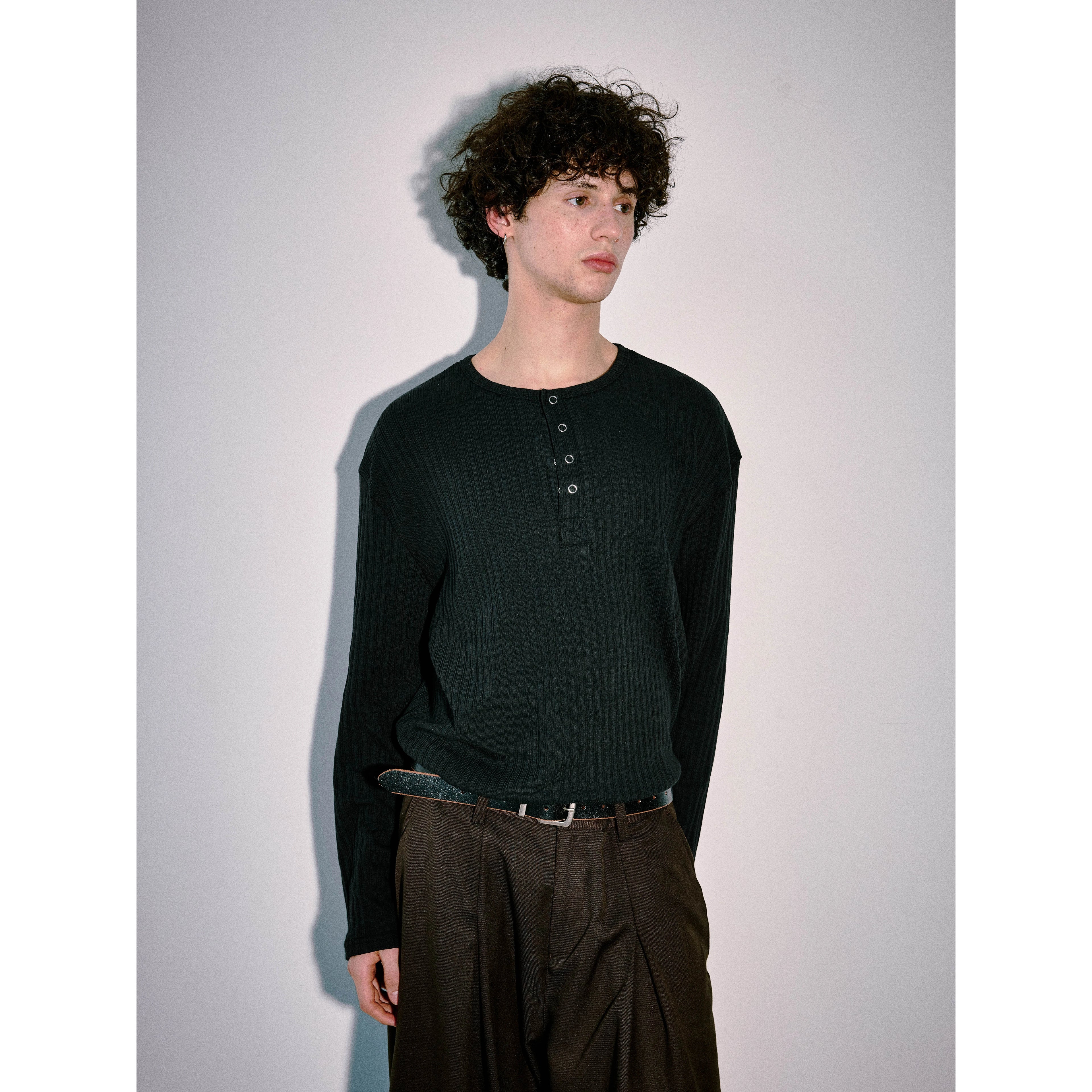 Anniehall Henry Collar Pit Striped Snap-Down Static Luxury Long Sleeve