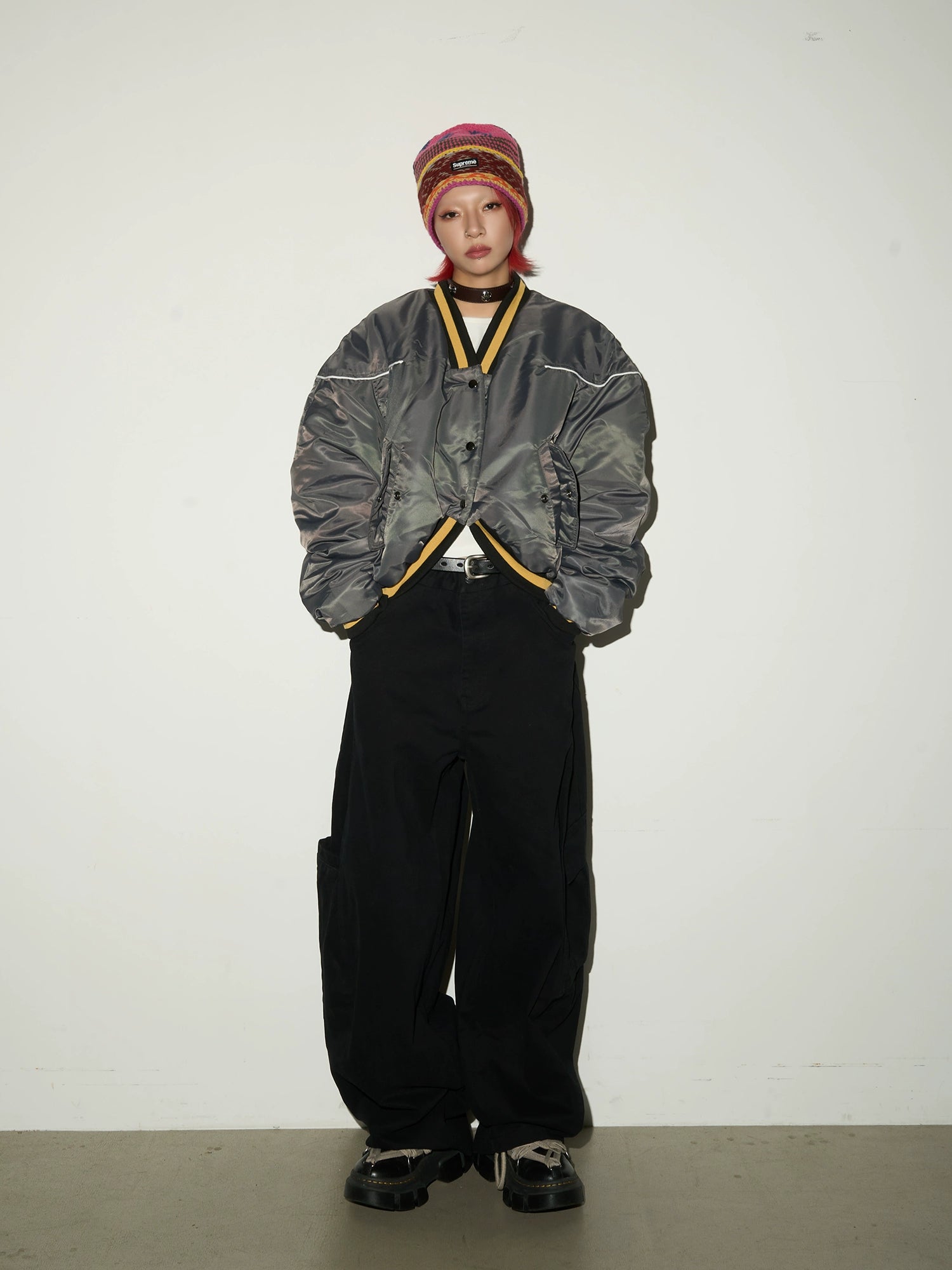 MICHINNYON V Neck Splicing Loose Cotton Jacket