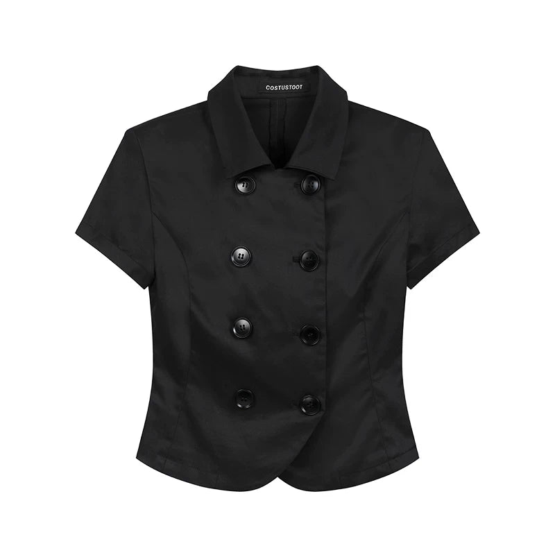 COSTUSTOOT Notch Lapel Fitted Cropped Blouse