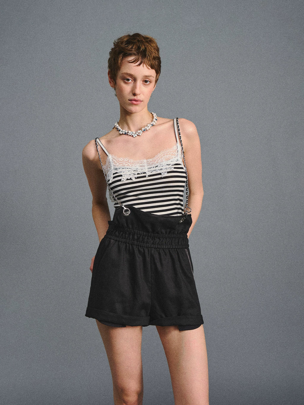 AGAM Vintage Striped Skinny Strap Lace Edge Sling