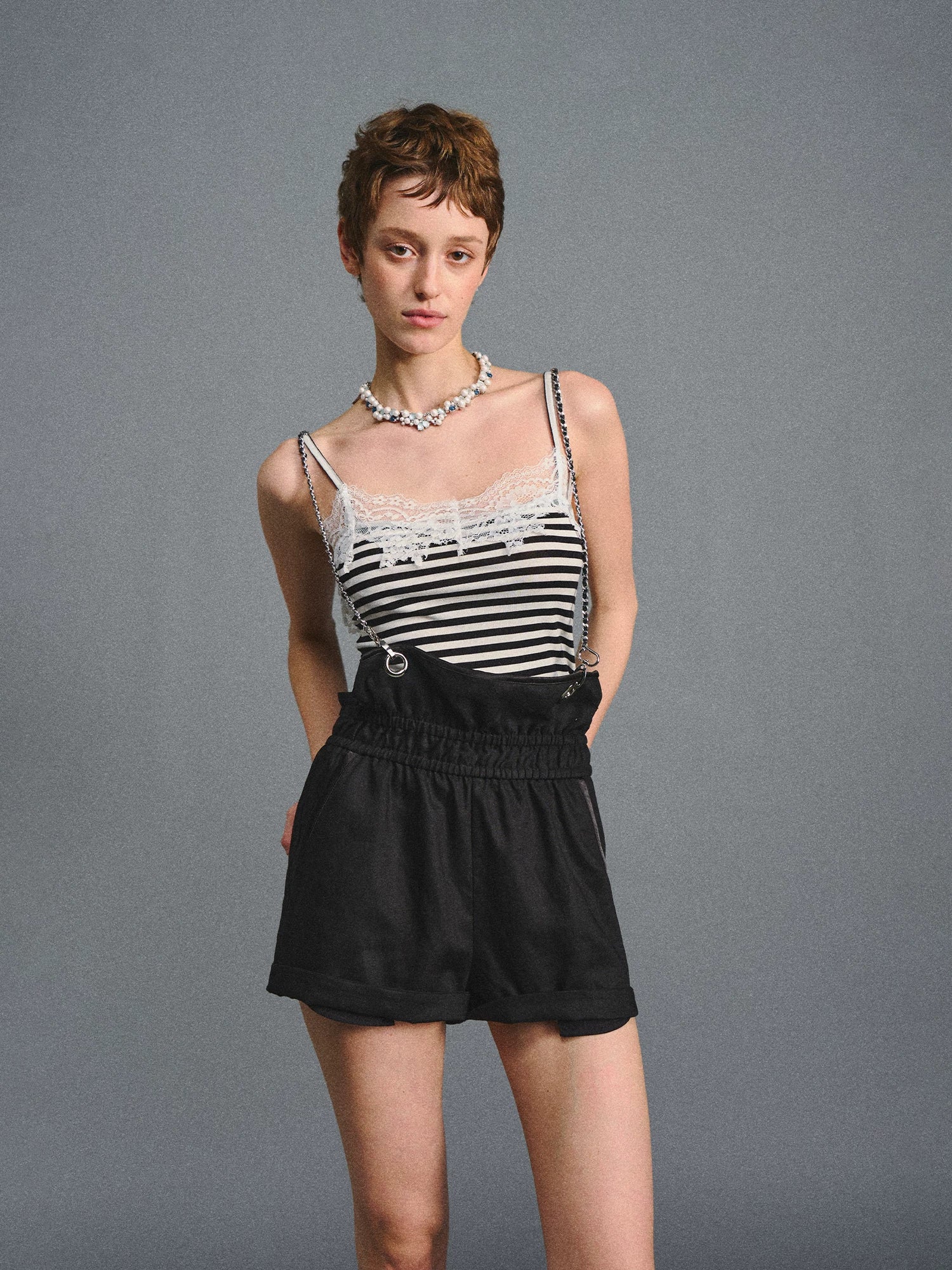 AGAM Vintage Striped Skinny Strap Lace Edge Sling