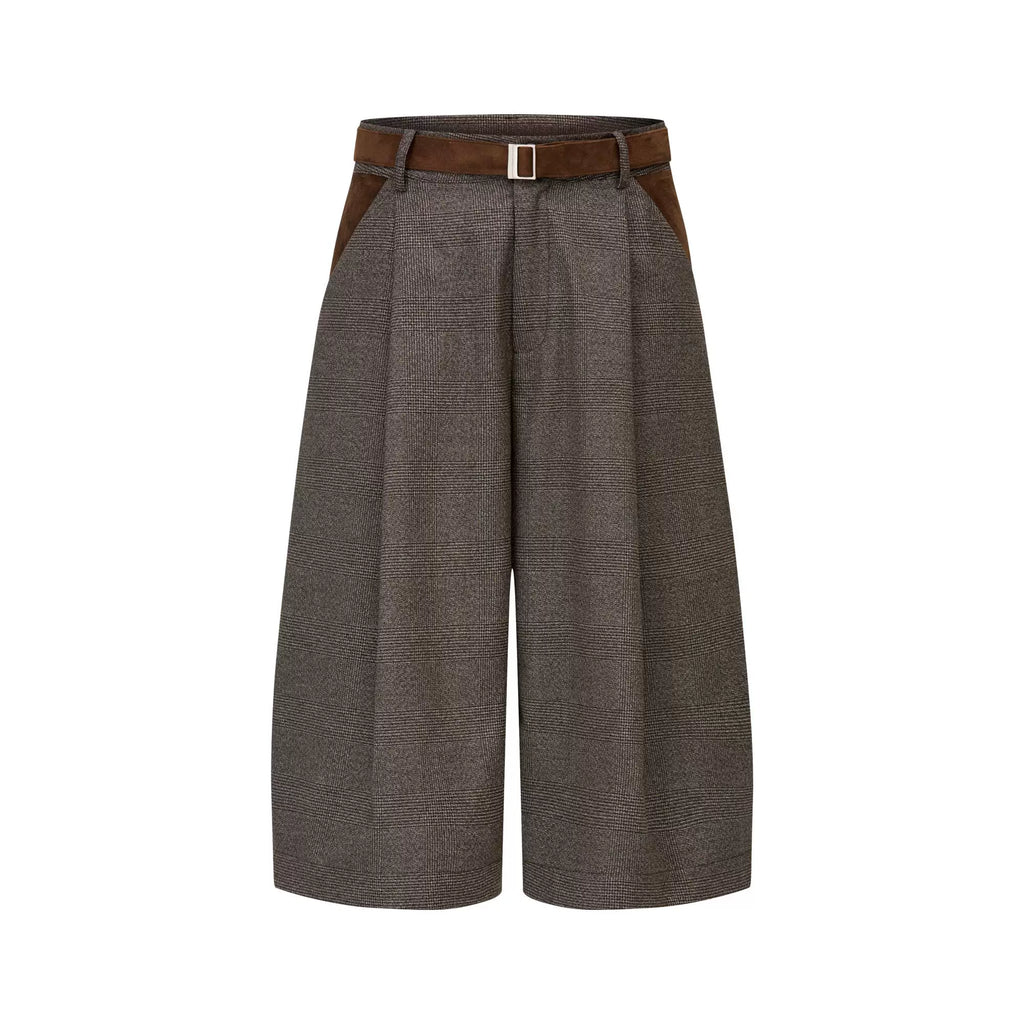 AMBSOM Suede Pleated Houndstooth Patchwork Capri Shorts