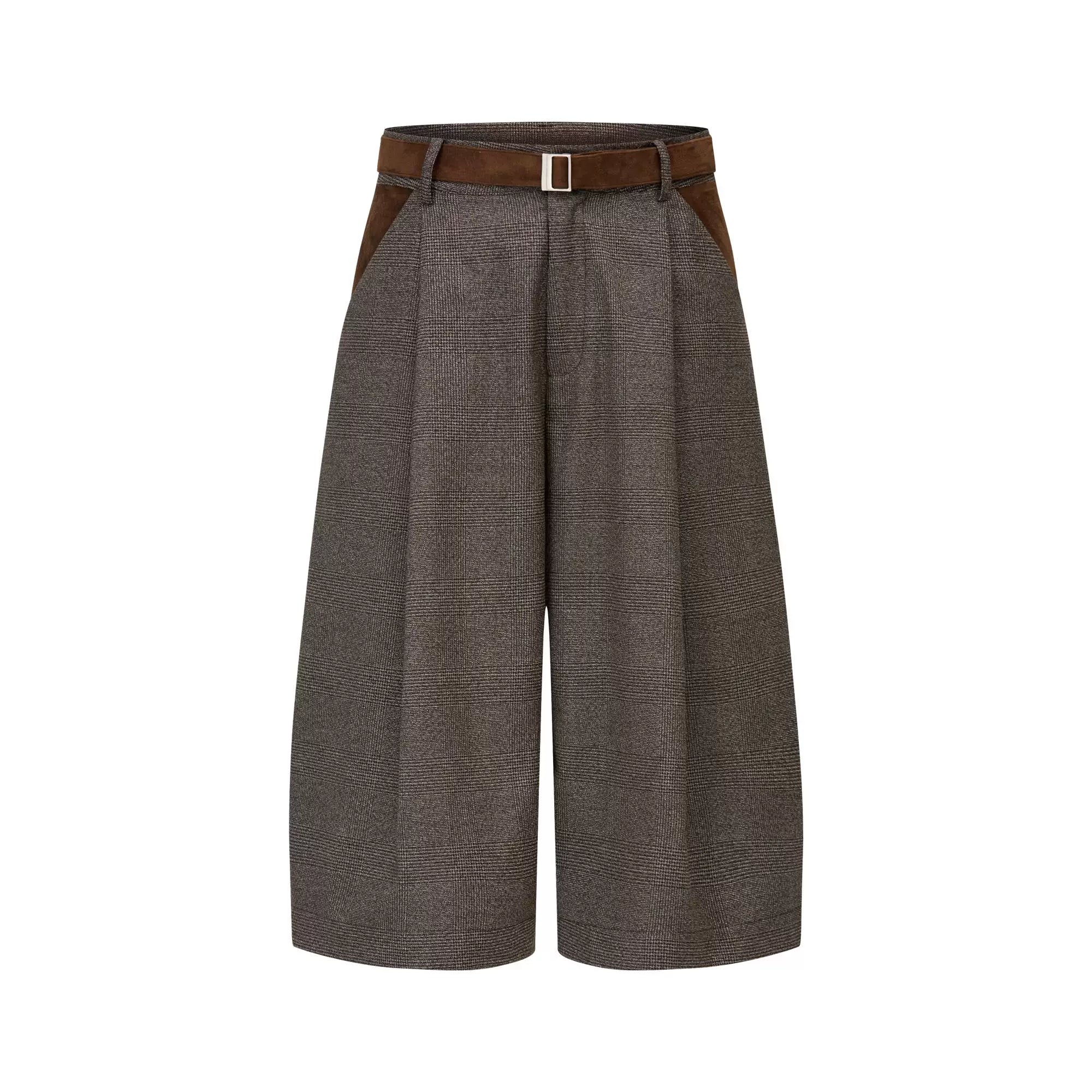 AMBSOM Suede Pleated Houndstooth Patchwork Capri Shorts
