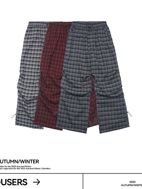 UNF Vintage Plaid Pleated Loose Straight Overalls