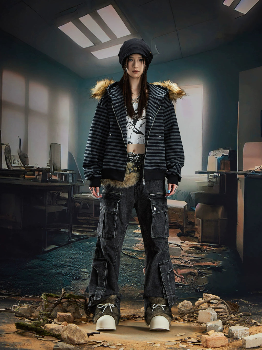 NOMANIAI Hairy Stitching Striped Zipper Hooded Sweater Jacket