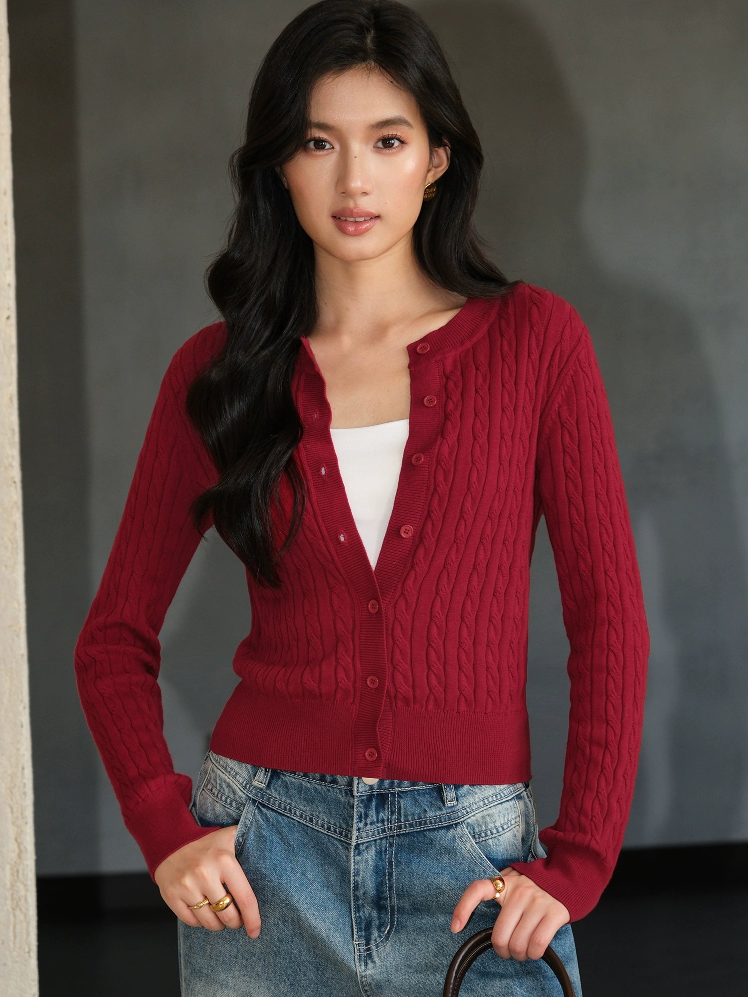 NEVA HU Vintage Crew Neck Twist Sweater Cardigan Jacket