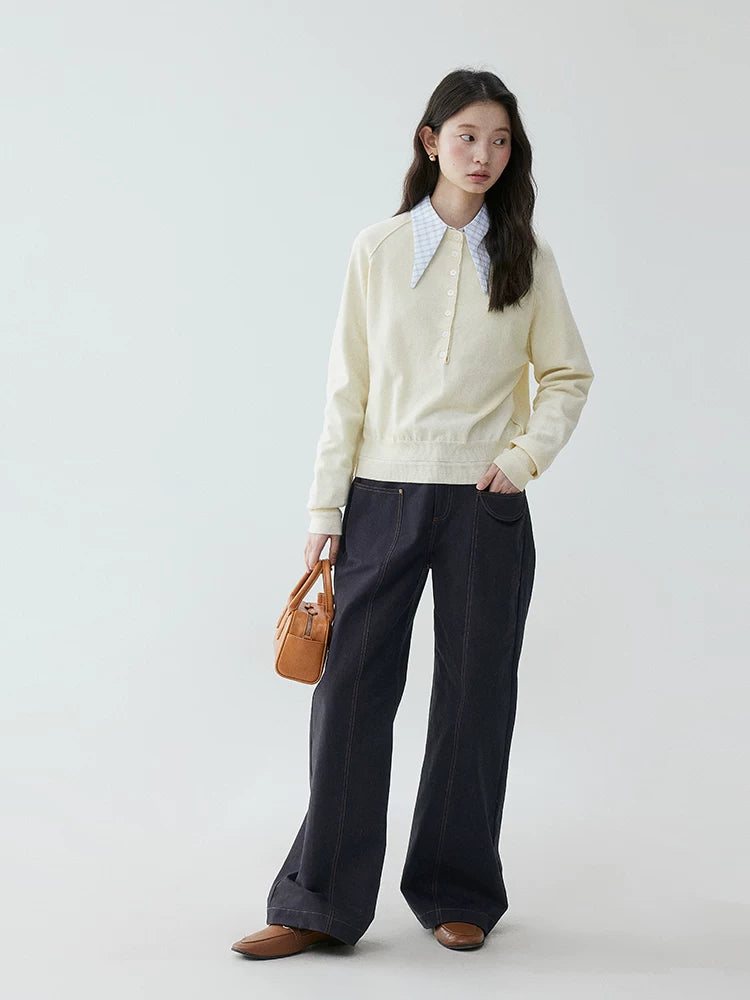 VOOE Half-open Button Round Neck Loose Knitted Long Sleeves