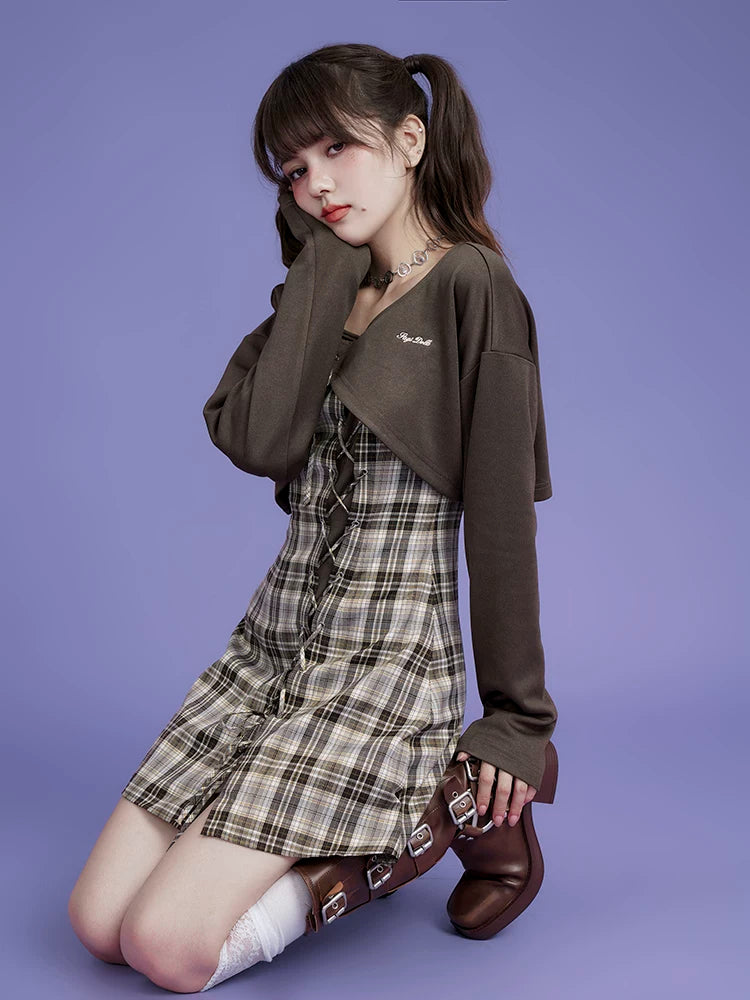 SagiDolls Girl Power Brown Plaid Camisole & Cardigan Two-Piece Set
