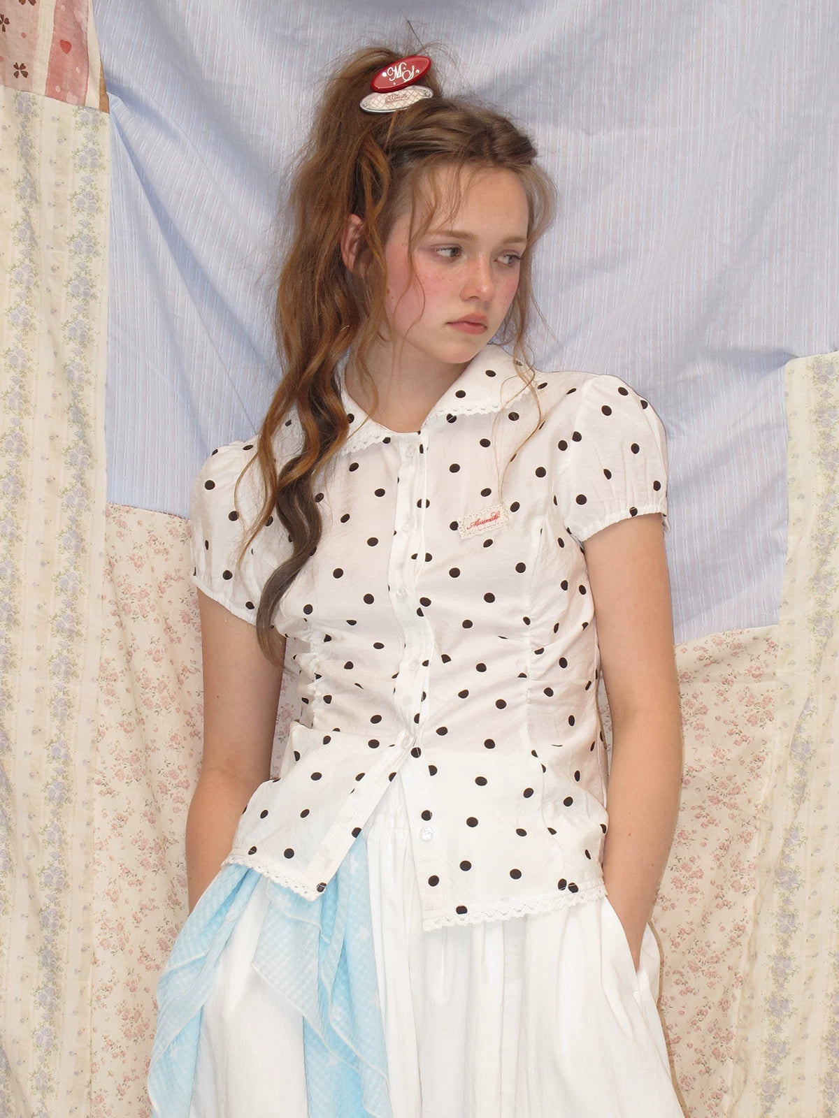 MASOOMAKE Polka Dot Lace-Trim Breathable Slim Fit Blouse