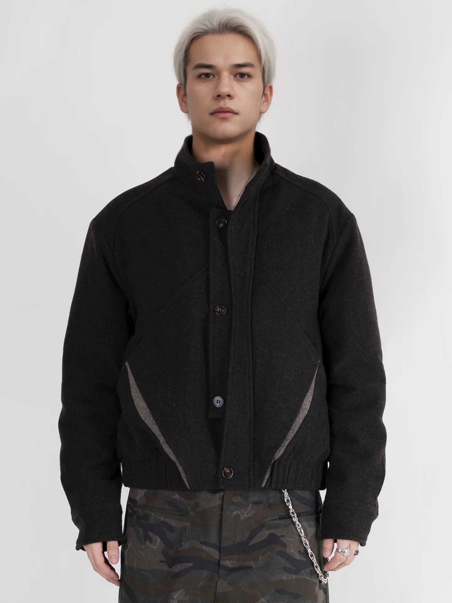 PERDU Double Placket Deconstruction Wool Splicing Stand-up Collar Color Matching Cotton Clothes