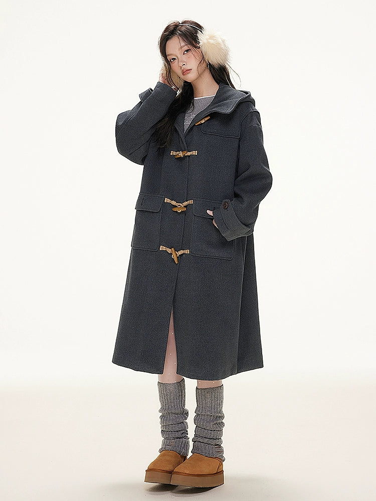 Imone Retro Horn Buckle Casual Medium and Long Woolen Jacket
