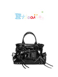 Kloaiio Black Oily Waxed Leather Zip-Top Motorcycle Bag