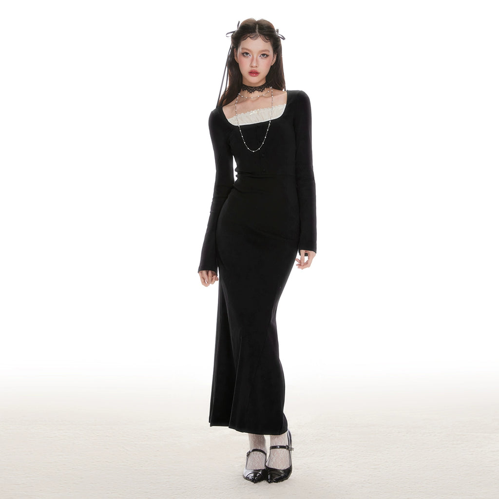 IMONE Vintage Lace Square Neck Knitted Dress