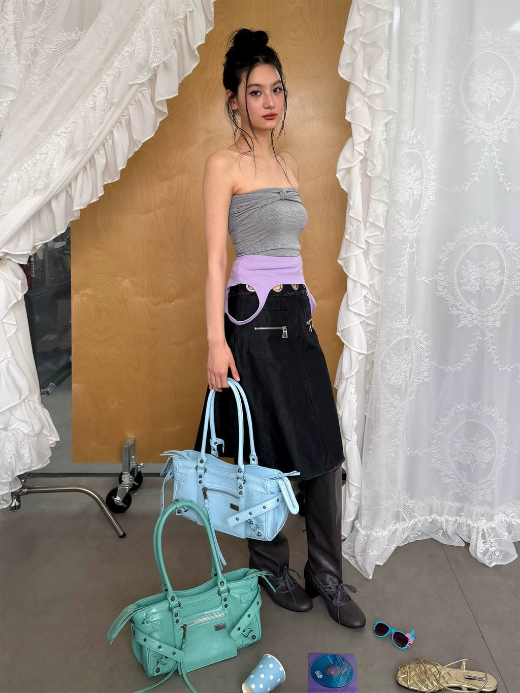 JANDRESS Blue Rivet Faux Leather Zip-Top Underarm Bag