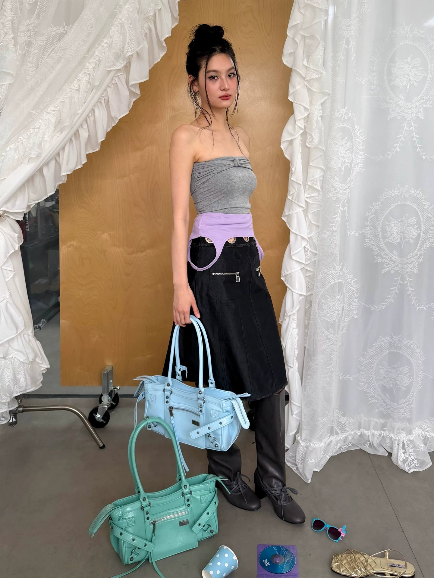 JANDRESS Blue Rivet Faux Leather Zip-Top Underarm Bag