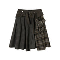 TGNS Patchwork Plaid Low-Rise A-Line Midi Skirt