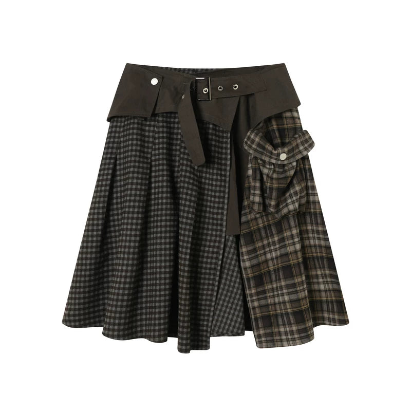 TGNS Patchwork Plaid Low-Rise A-Line Midi Skirt