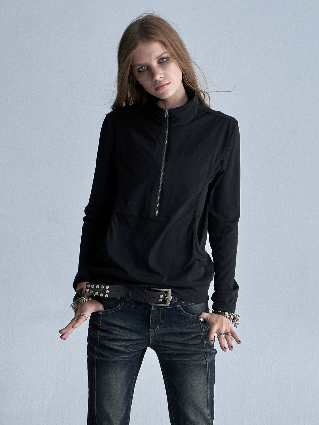wear And tear Black Punk Layered Collar Long-Sleeve Tee