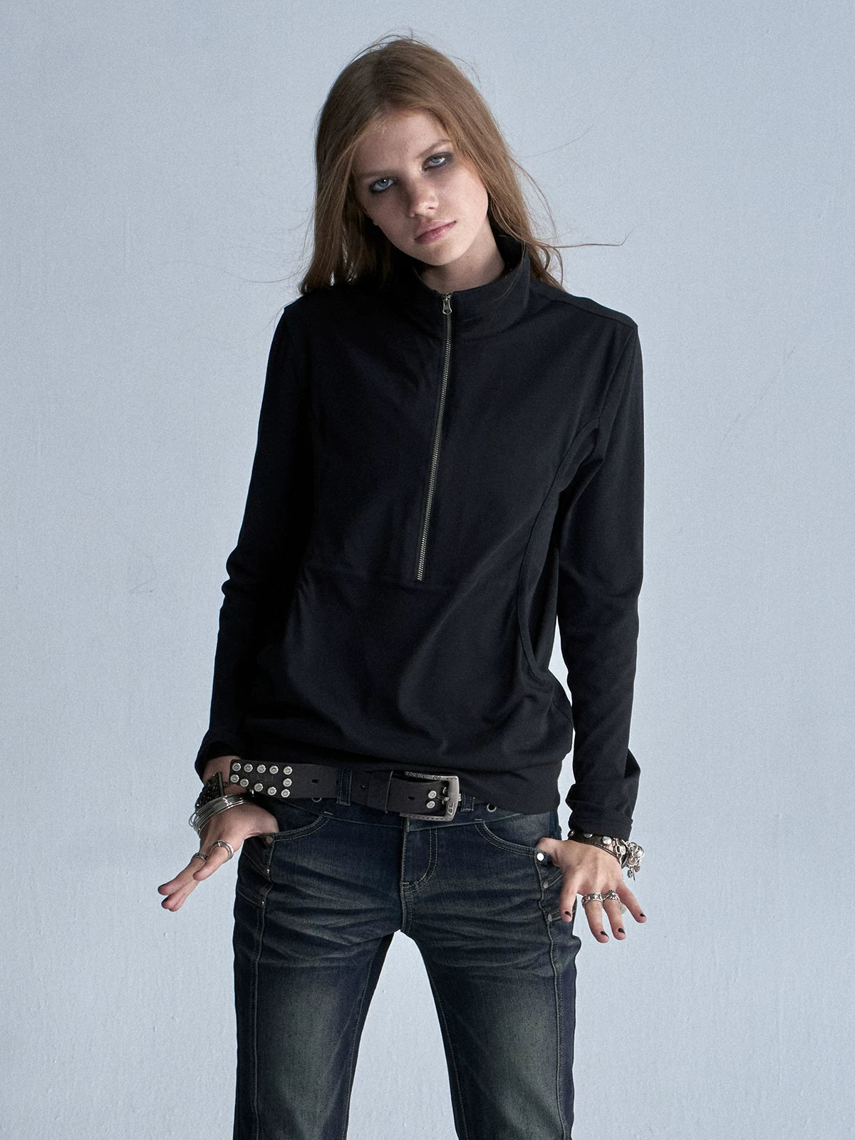 wear And tear Black Punk Layered Collar Long-Sleeve Tee