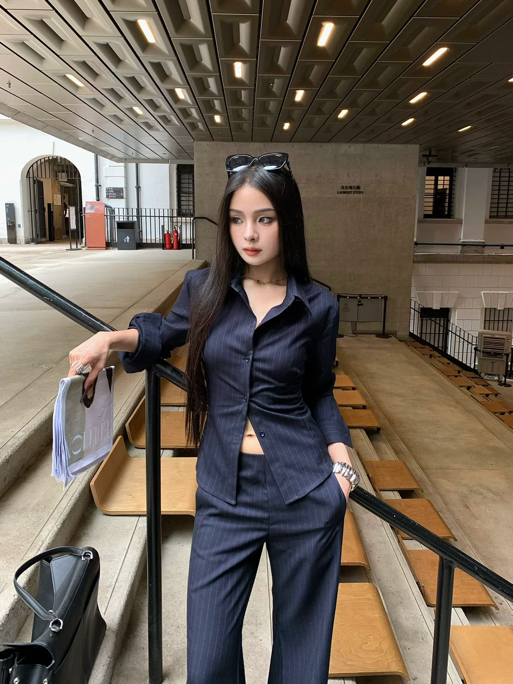 CHUYUQI Waist Striped Royal Sister High-end Shirt Flared Pants Set