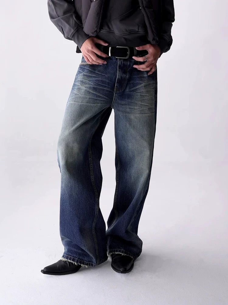 SOUTH FISH Washed Distressed Straight-Leg Jeans