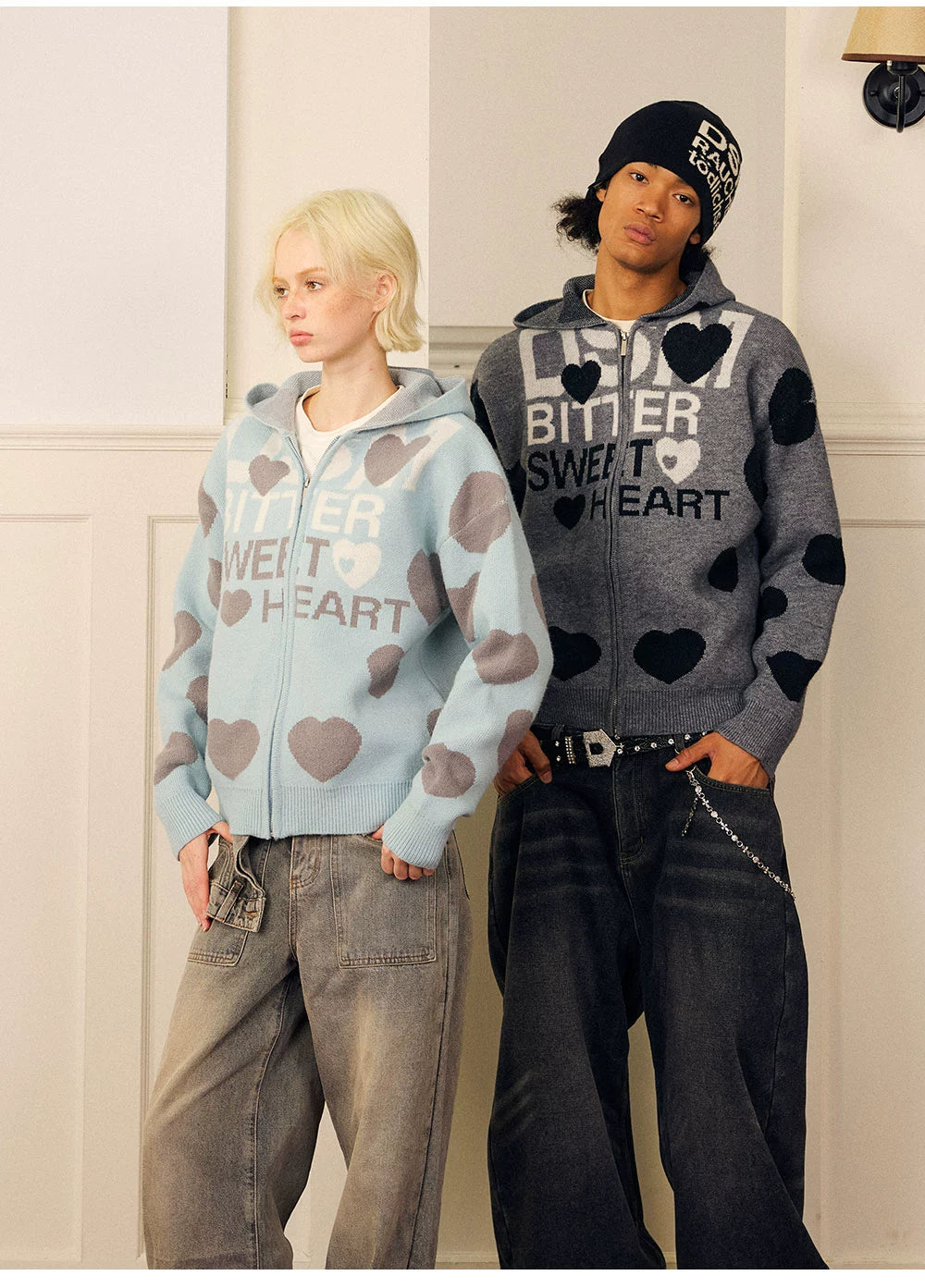 DONSMOKE Love Print Soft Waxy Lazy Contrasting Color Knitted Zipper Jacket
