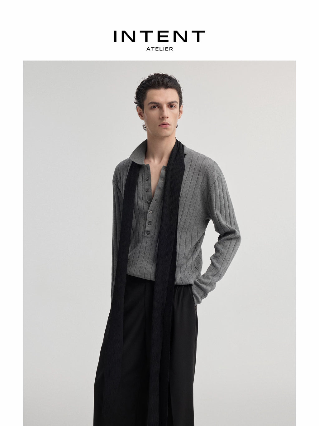 INTENT Ribbed Henley Collar Long-Sleeve Tee