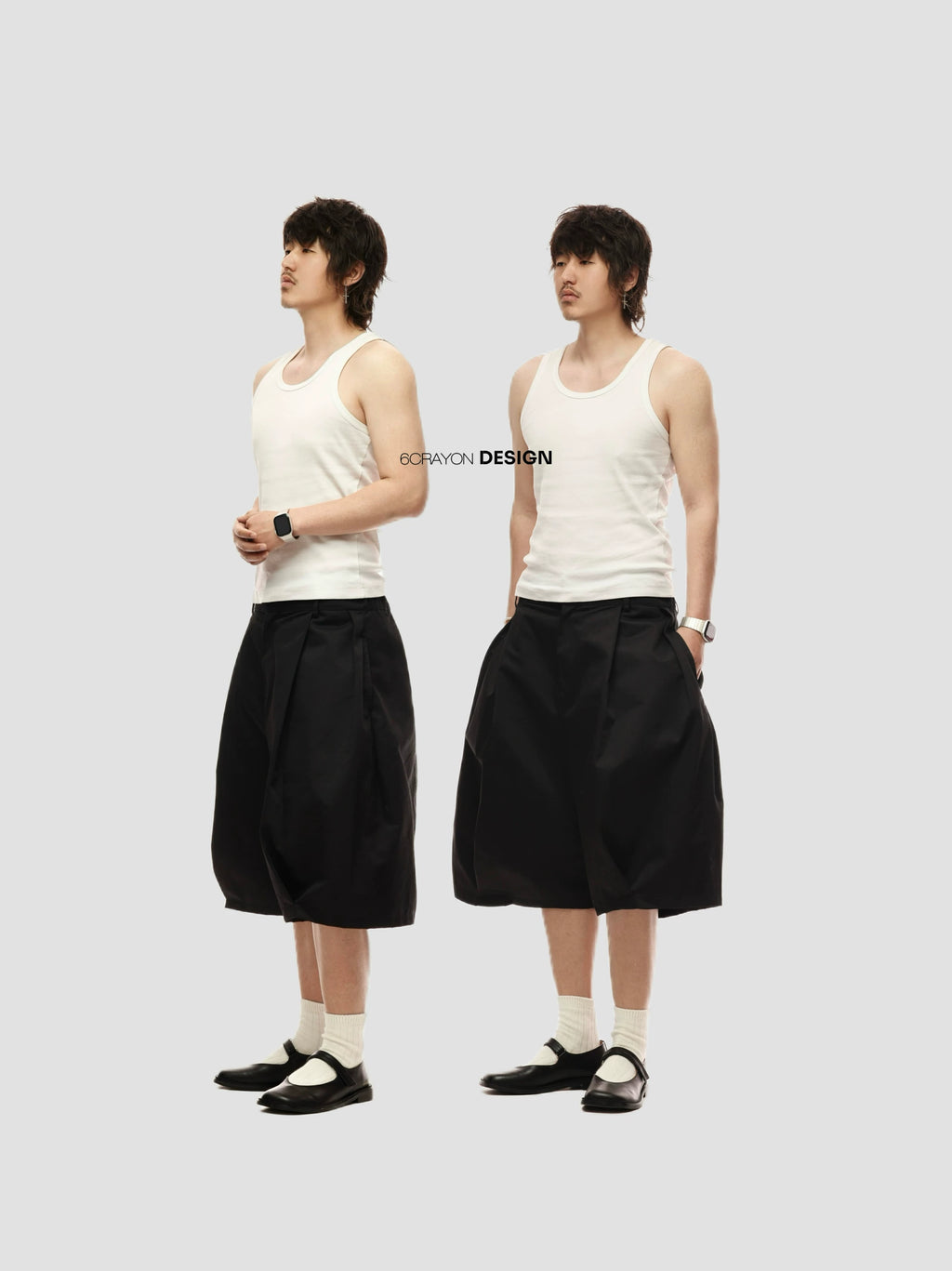 6CRAYON Black Double-Pleat Loose Wide-Leg Shorts