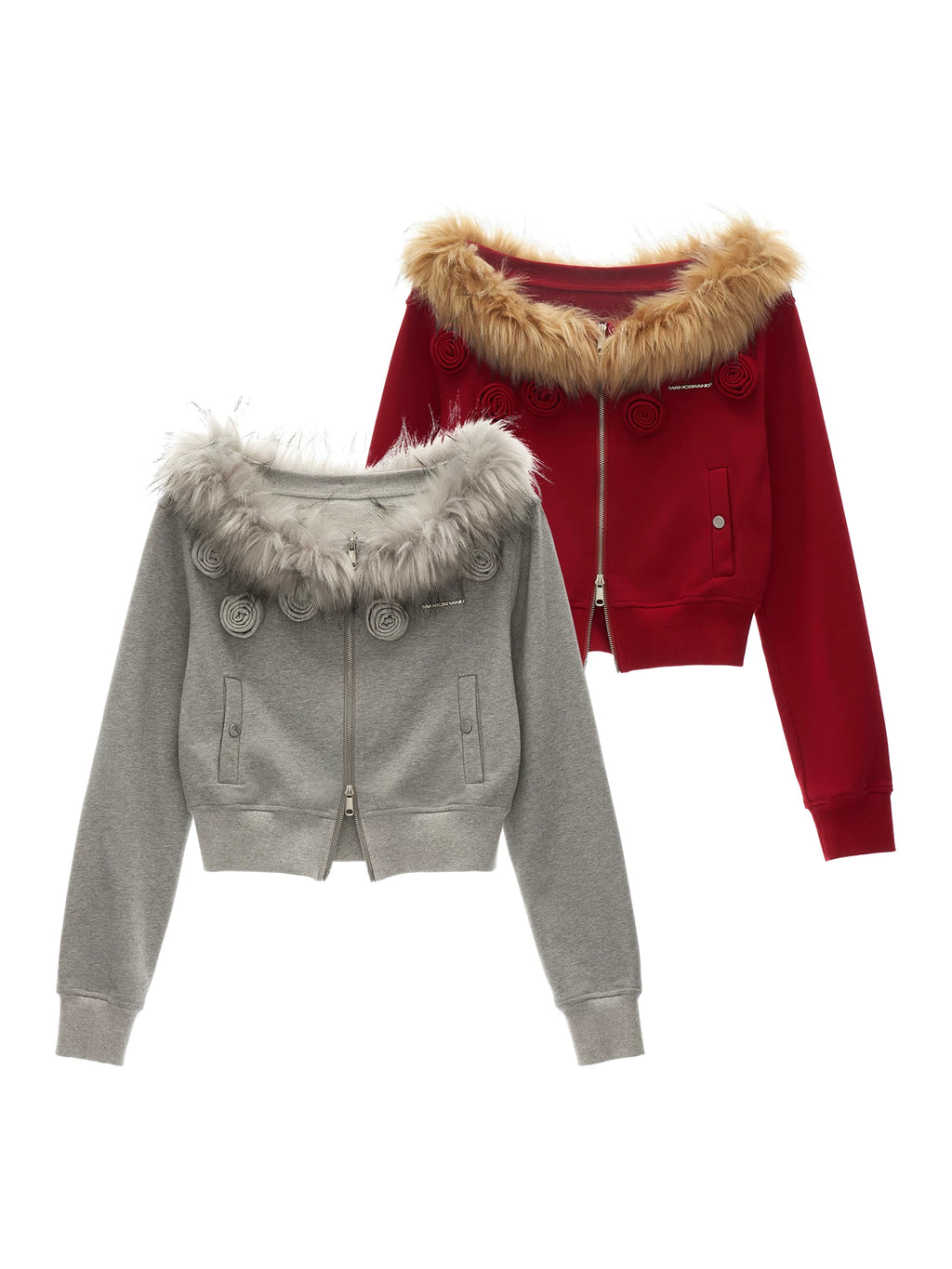 MAMC Off-Shoulder Detachable Fur Collar Floral Coat