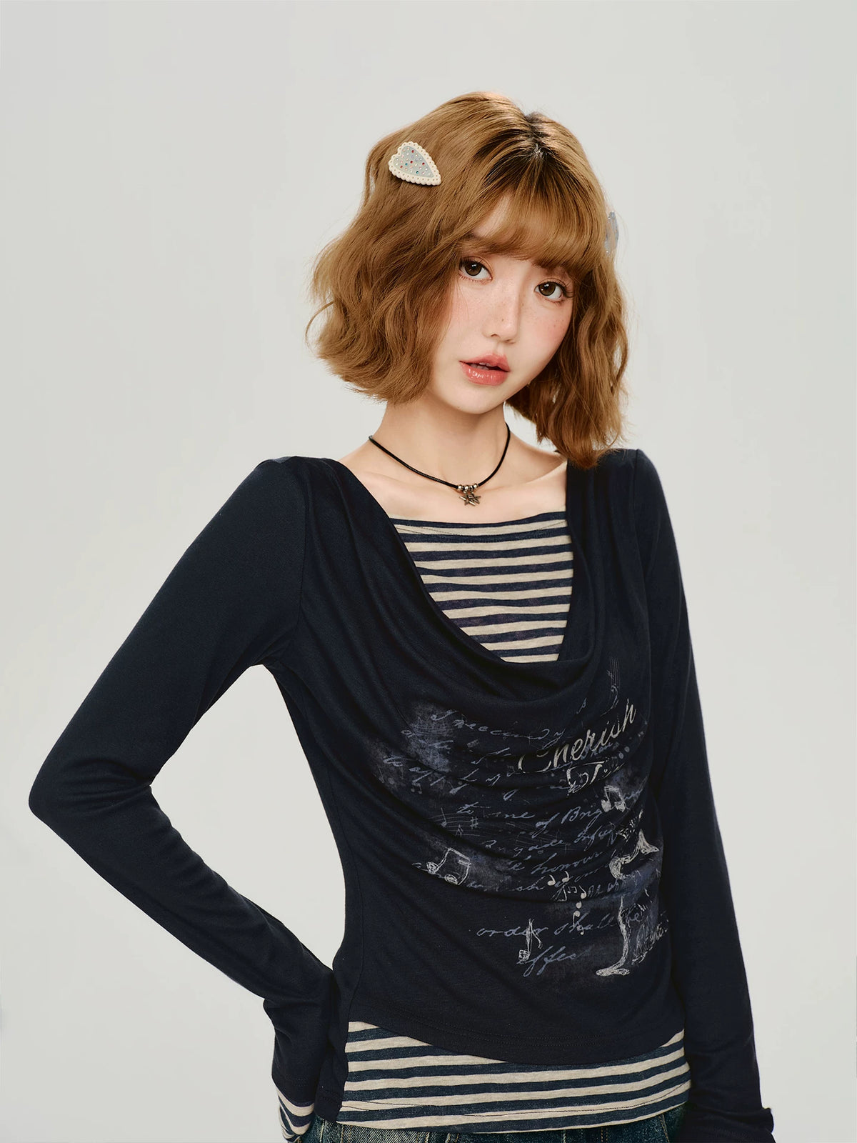 Girlyhalo Striped Draped Neck Fitted Long-Sleeve Tee