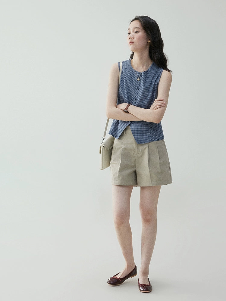 VOOE Semi-elastic Casual Pleated High-waisted Shorts