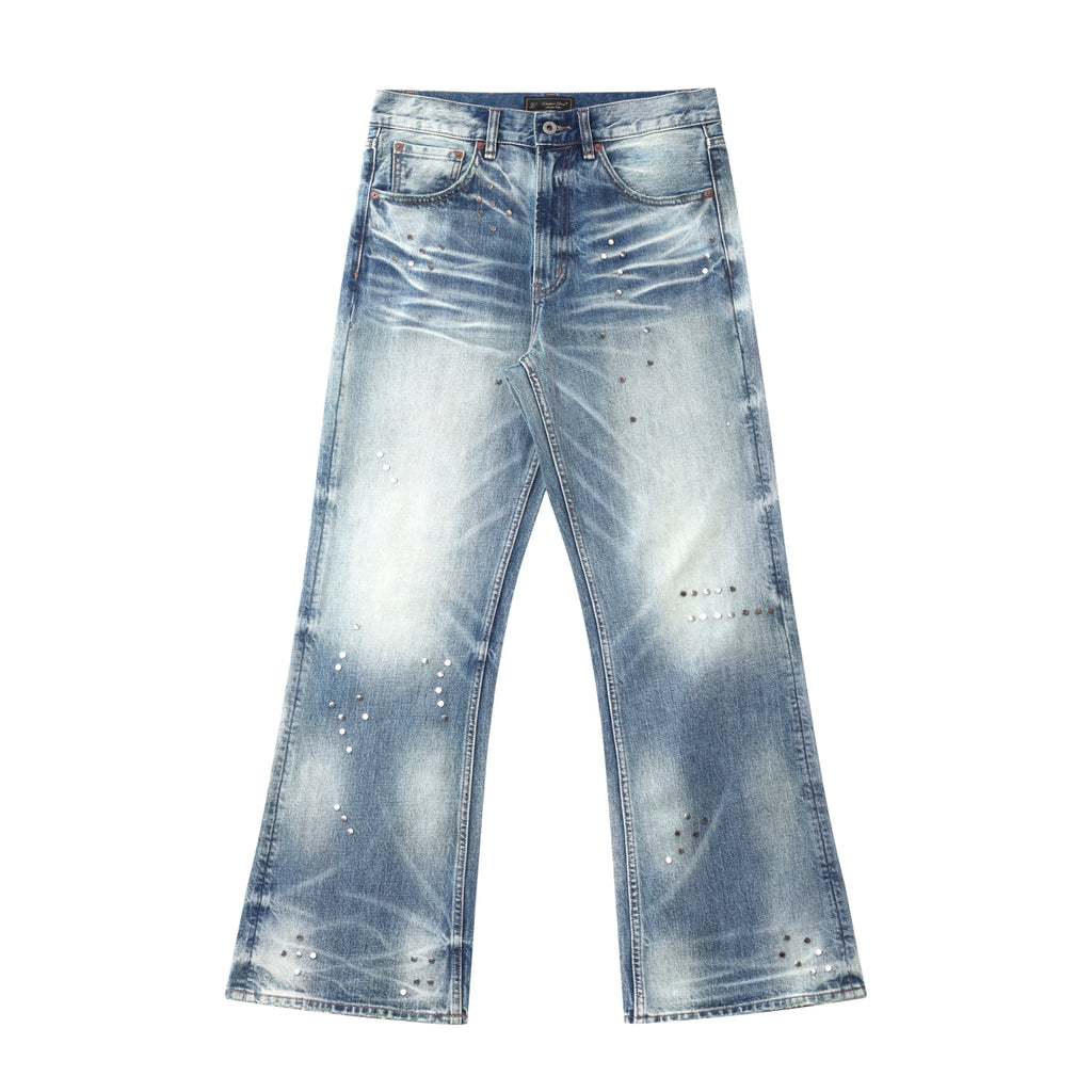 VOWPROGRESS Washed Glacier Blue Distressed Whiskered Flared Jeans