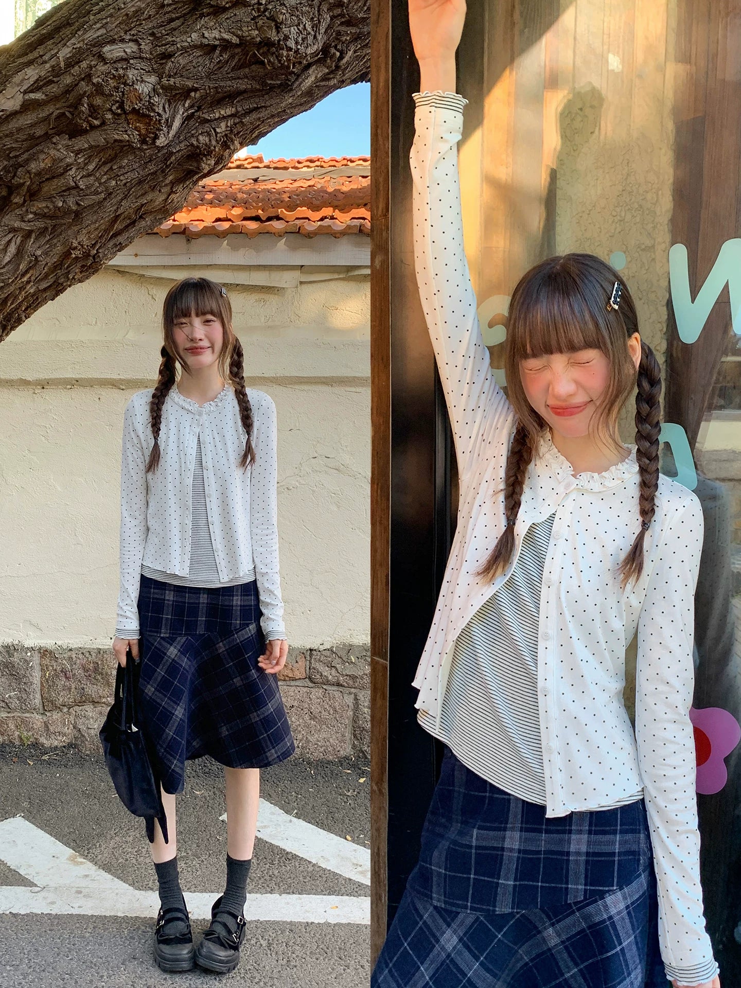 KANO Polka Dot Splicing Lace Long Sleeve