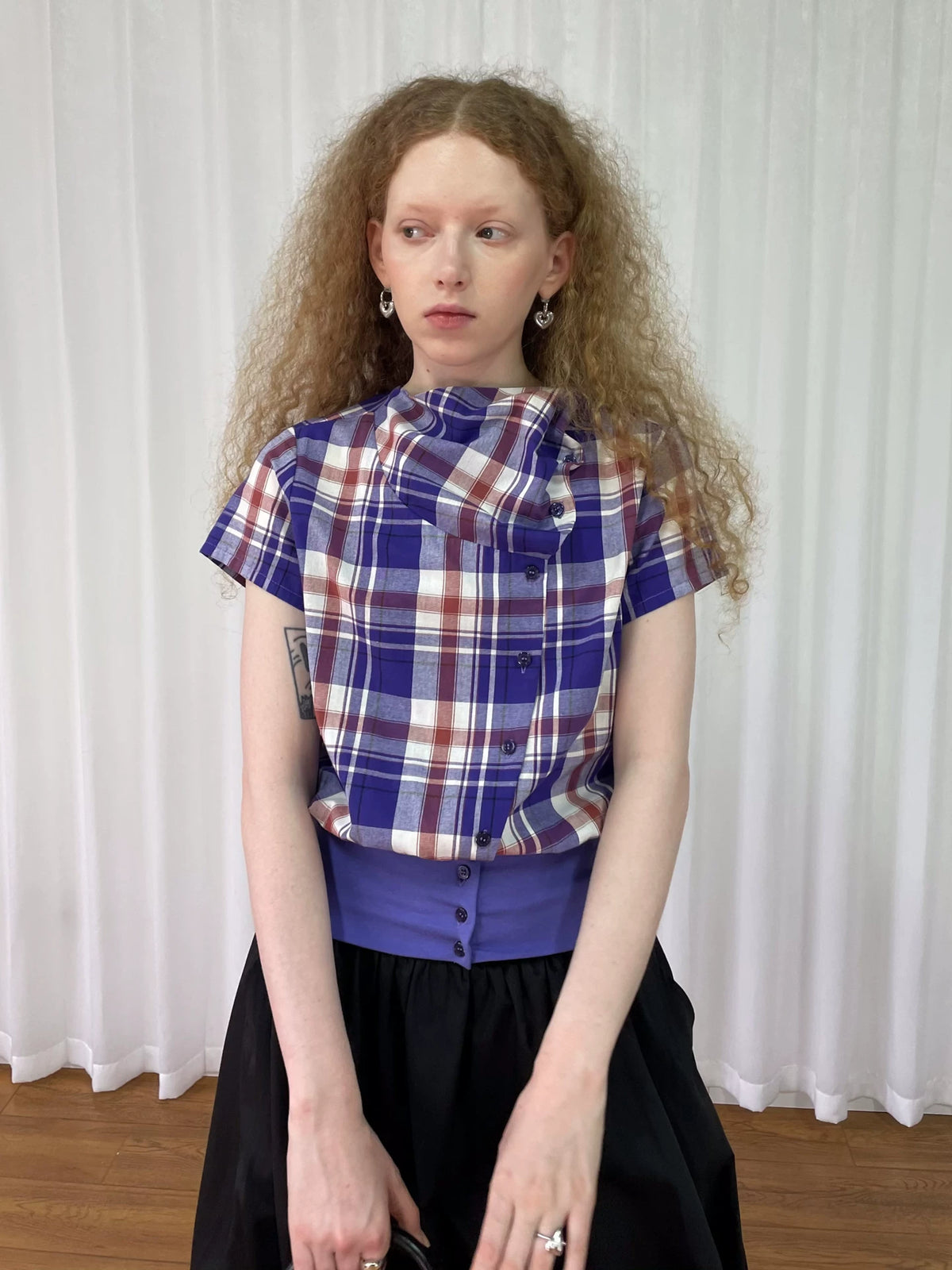 LooseSmell Purple Plaid High-Neck Cropped Blouse