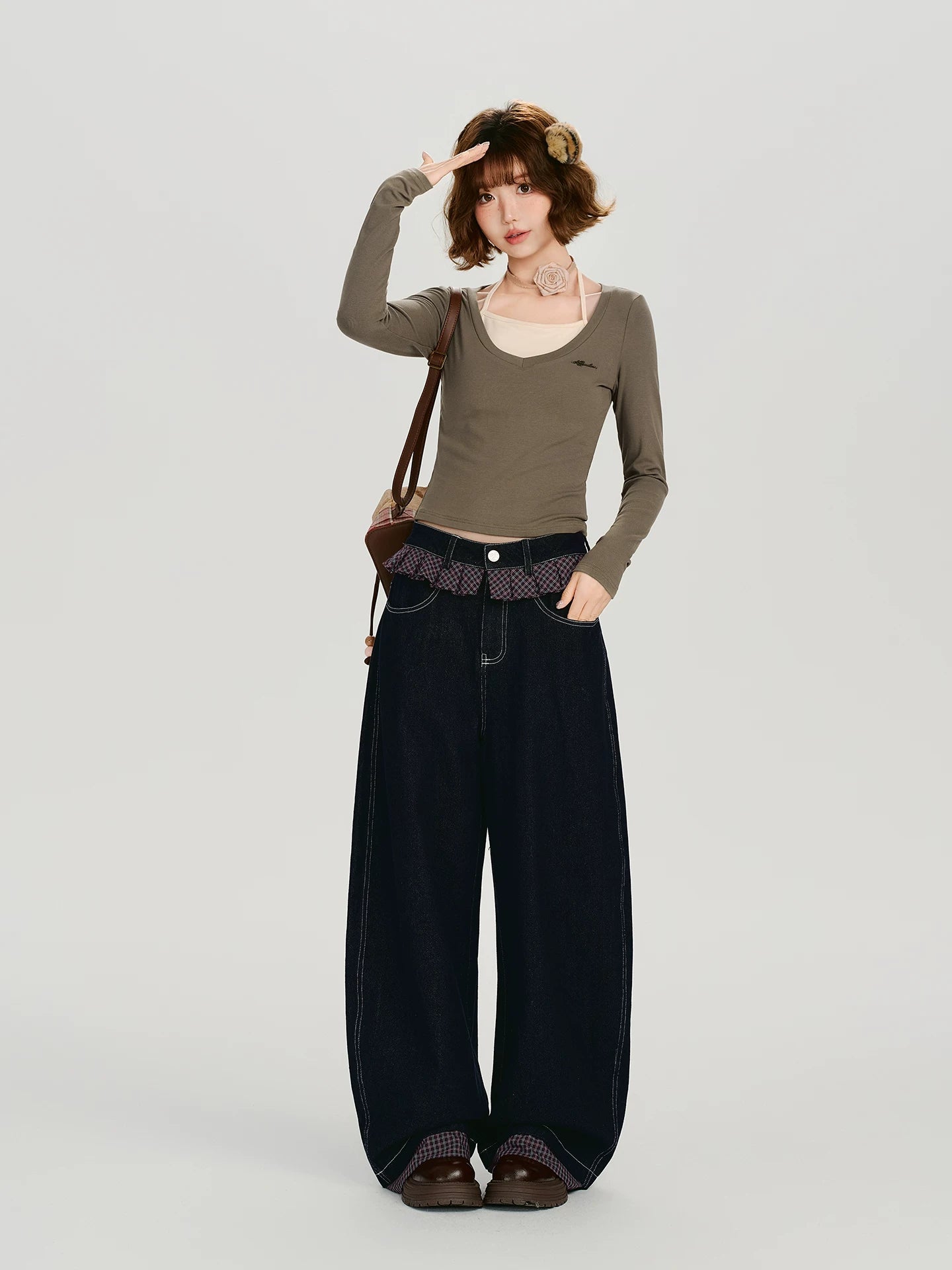 Girlyhalo Vintage Checked Lace Splicing Denim Scimitar Pants