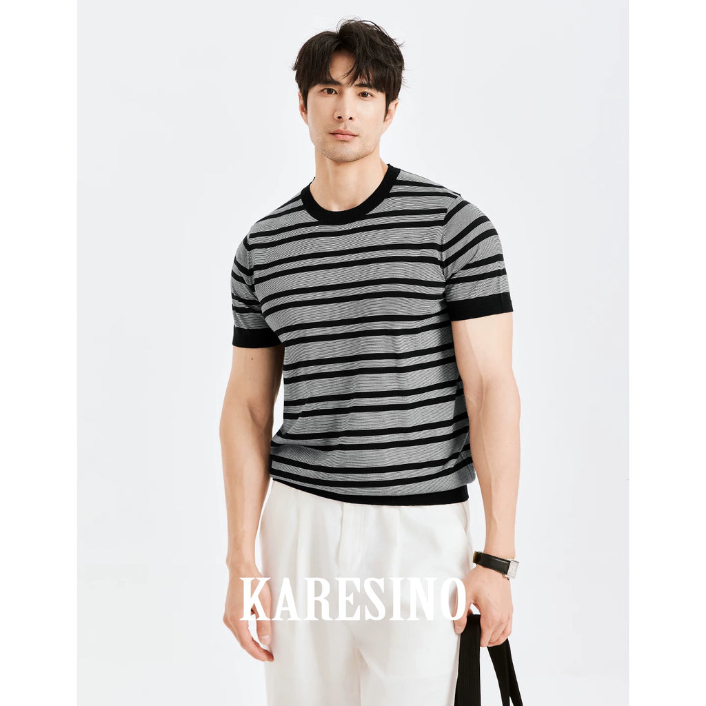 KARESINO Mulberry Silk Contrast Stripe Knit Casual Crew Neck T-Shirt