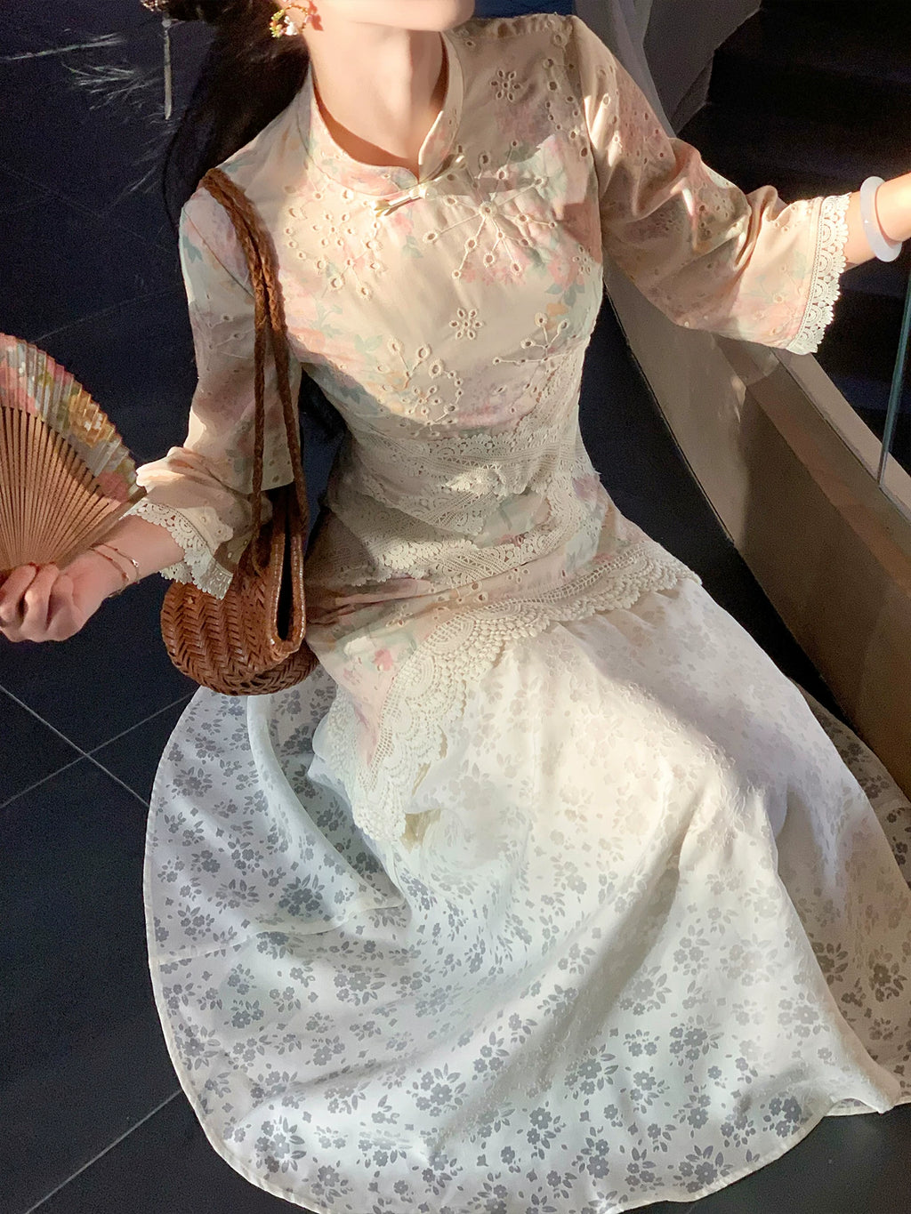 ZIHE Lace Splicing Hollow Floral Dress