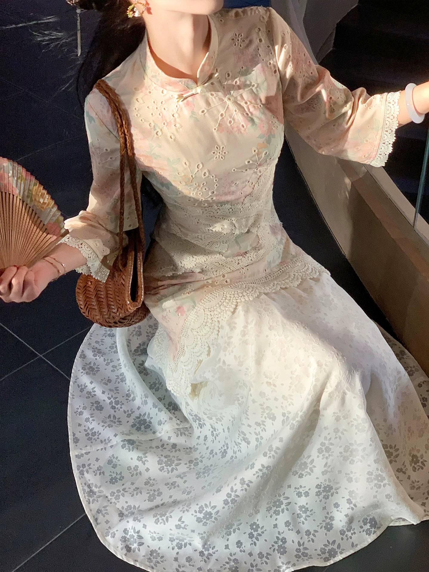 ZIHE Lace Splicing Hollow Floral Dress